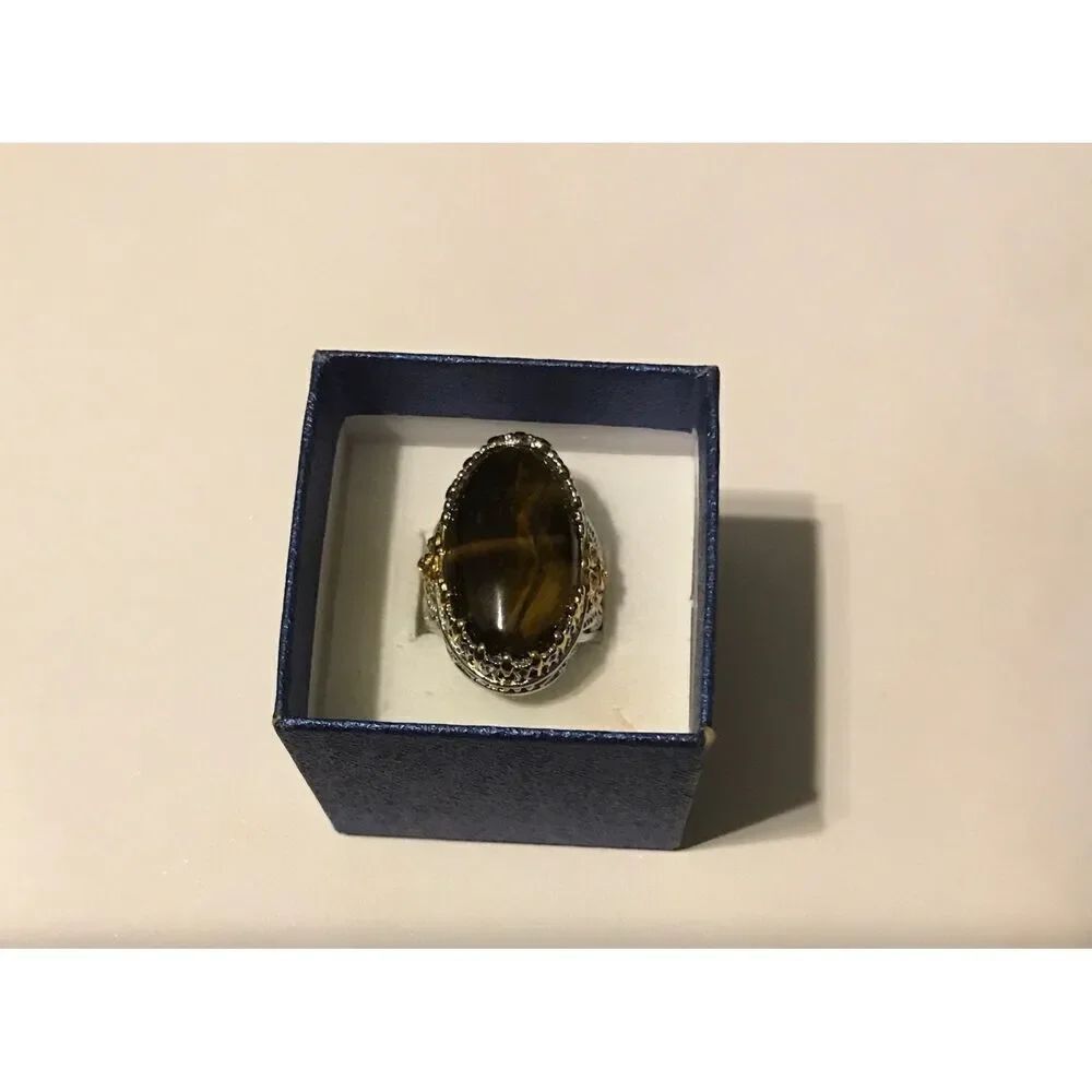 Gorgeous 30 Carat Genuine African Tiger Eye Gemstone Filigree Ring Sz 8
